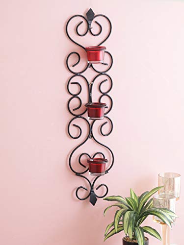 Home Sparkle Decorative Wall Sconce Tealight Candle Holder | Wall Hanging Tealight Candle Holder for Home Decor Balcony Decor with 3 Glass Cup (Black) - Image 4