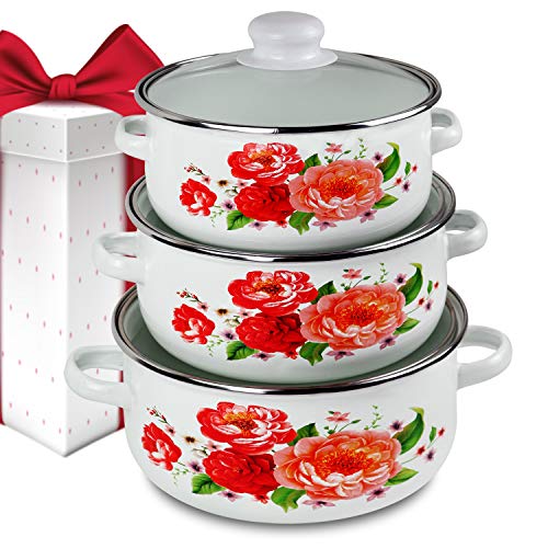 iBELL ND3318 Decorative Enamel Casserole with Sturdy Glass Lids, Gift Set of 3 (1.7, 2.2, 3Litre), White