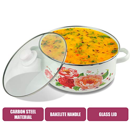 iBELL ND3318 Decorative Enamel Casserole with Sturdy Glass Lids, Gift Set of 3 (1.7, 2.2, 3Litre), White - Image 3