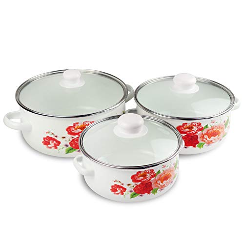 iBELL ND3318 Decorative Enamel Casserole with Sturdy Glass Lids, Gift Set of 3 (1.7, 2.2, 3Litre), White - Image 5