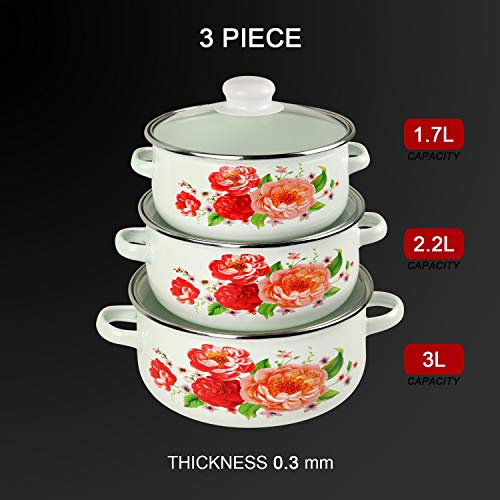 iBELL ND3318 Decorative Enamel Casserole with Sturdy Glass Lids, Gift Set of 3 (1.7, 2.2, 3Litre), White - Image 6