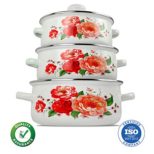 iBELL ND3318 Decorative Enamel Casserole with Sturdy Glass Lids, Gift Set of 3 (1.7, 2.2, 3Litre), White - Image 7