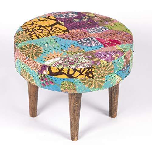 Ikiriya Solid Wood Multicolor Kantha Cushioned Stool - Patchwork Handstitch Kantha; Teak Finish Legs - Image 3