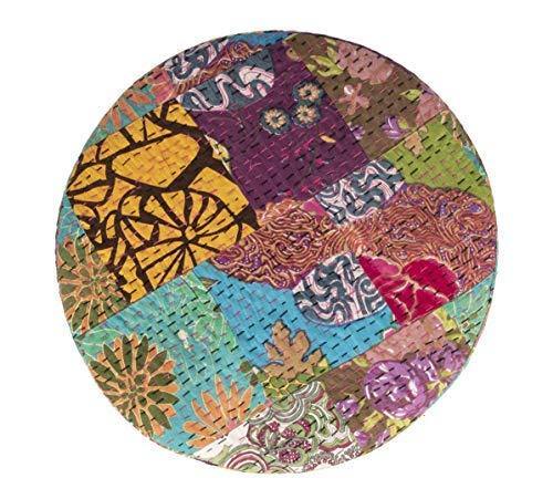 Ikiriya Solid Wood Multicolor Kantha Cushioned Stool - Patchwork Handstitch Kantha; Teak Finish Legs - Image 4