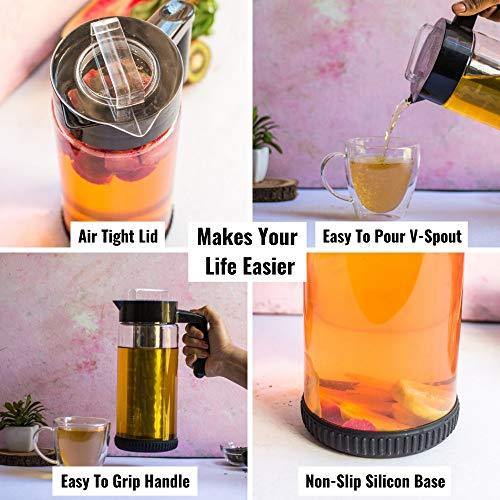 InstaCuppa Borosilicate Glass Infuser Water Pitcher 1300 ML, Idle for Cold Brew Coffee, Fruit Infusion and Iced Tea Pot, Includes Steel & Mesh Infusion Units, Protective Sleeve, Recipes eBook - Image 6