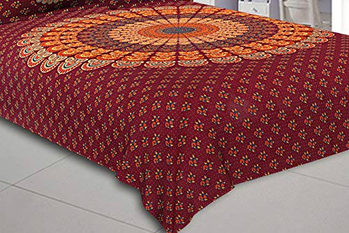 JaipurFabric Jaipuri Print Cotton Double Bedsheet with 2 Pillow Cover Set Red Mandala Bedsheet Tapestry Floral Print 120TC King Size, 86 x 106 inch (Red) - Image 4