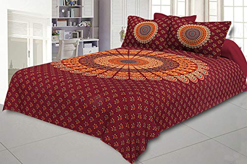 JaipurFabric Jaipuri Print Cotton Double Bedsheet with 2 Pillow Cover Set Red Mandala Bedsheet Tapestry Floral Print 120TC King Size, 86 x 106 inch (Red) - Image 6