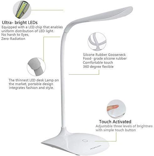 KWT Rechargeable LED Touch On/Off Switch Desk Lamp Children Eye Protection Student Study Reading Dimmer Rechargeable Led Table Lamps USB Charging Touch Dimmer, Desk Lights for Study (White) - Image 6