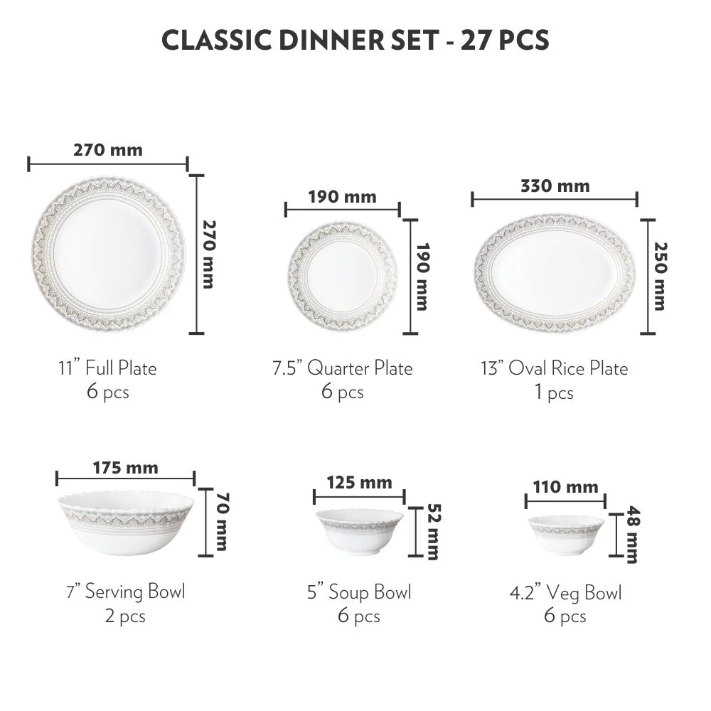 Larah by Borosil Classic Opalware Dinner Set, 27-Pieces, White - Image 5