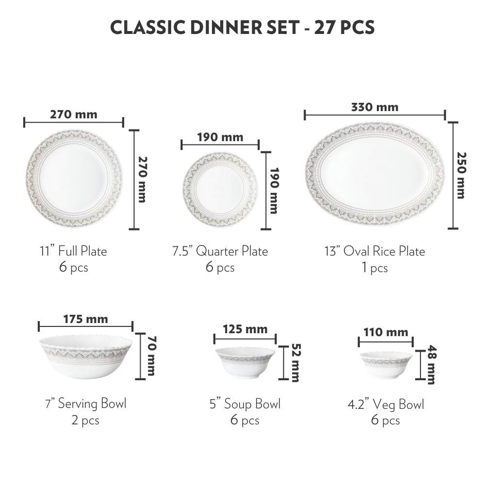 Larah by Borosil Classic Opalware Dinner Set, 27-Pieces, White - Image 6