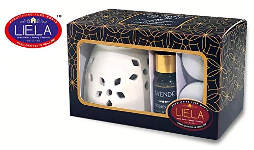 LIELA - Vaporizer Oil Burner and Aroma Diffuser set, with 3 T-Light and Pure Lavender 15 ml Fragrance Oil in Premium Brown Glass Bottle with Glass Dropper ( burner color can be red, white or green) - Image 2