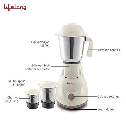 Lifelong Power Pro LLMG02 Mixer Grinder, 500W, 3 Jars (White/Brown) - Image 6