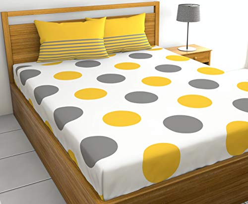 Loreto – A Quality Linen Brand 144 TC 100% Cotton Double Bedsheet with 2 Pillow Covers - Polka, Yellow & Grey - Image 3