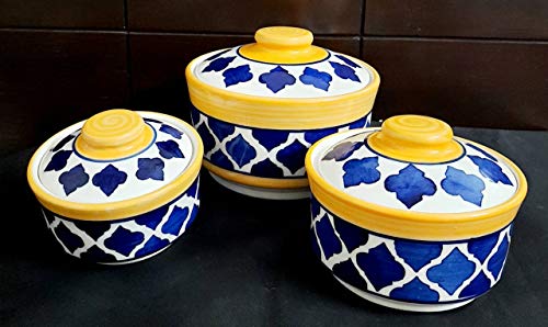LOTUM Pure Ceramic Blue & Yellow Serving Bowls /Donga Bowls/Casserole Set with Unique Lids for Home Kitchen, Dining Table Serving Ware Storage Containers (Set of 3)/Handmade in India
