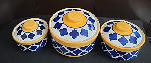 LOTUM Pure Ceramic Blue & Yellow Serving Bowls /Donga Bowls/Casserole Set with Unique Lids for Home Kitchen, Dining Table Serving Ware Storage Containers (Set of 3)/Handmade in India - Image 3