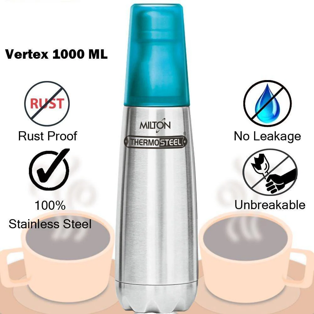 Milton Vertex-1000 Thermosteel Water Bottle with Blue Cap, 1 Litre, Silver - Image 4