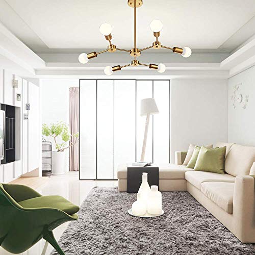 Nauticaz Modern Sputnik Chandeliers 6-Light Brass Mid Century Light Fixture Flush Mount Ceiling Light Pendant Light for Kitchen Island Living Room Bedroom Foyer Hallway - Image 5