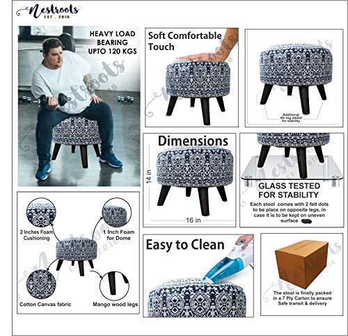 Nestroots Stool for Living Room Sitting Printed Ottoman upholstered Foam Cushioned pouffe Puffy for Foot Rest Home Furniture with 4 Wooden Legs Cotton Canvas (14" Height Navy Blue) - Image 6