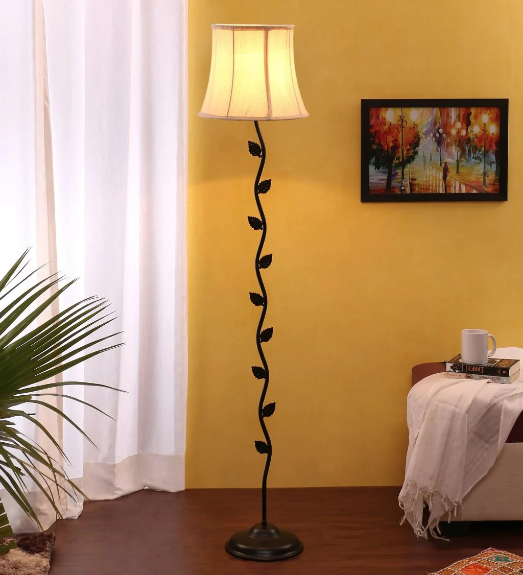 Off White Soft Back Cotton Designer Leaf Wrought Iron Floor Lamp