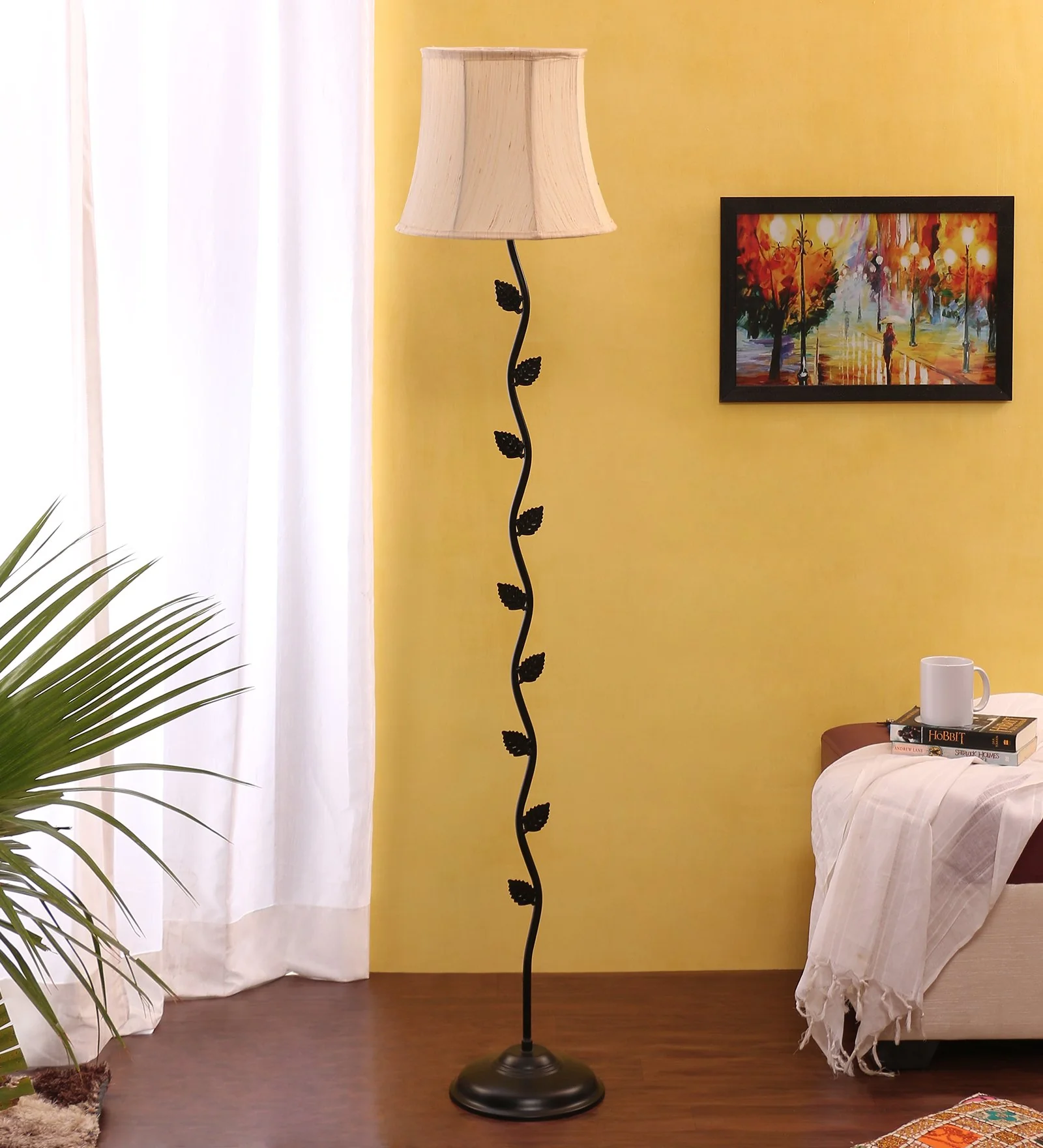 Off White Soft Back Cotton Designer Leaf Wrought Iron Floor Lamp - Image 7