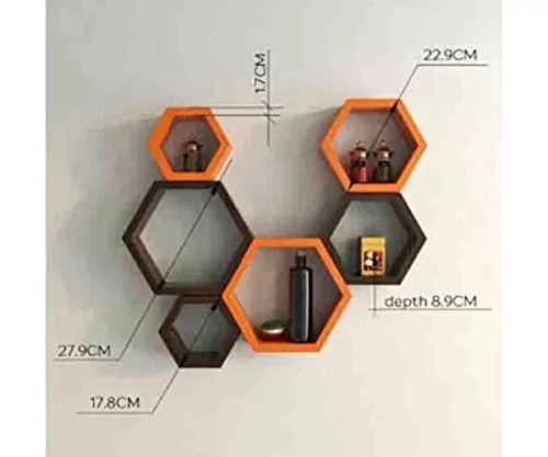 Onlineshoppee Hexagon Designer Storage Shelf, Set of 6 (Orange and Brown) - Image 3