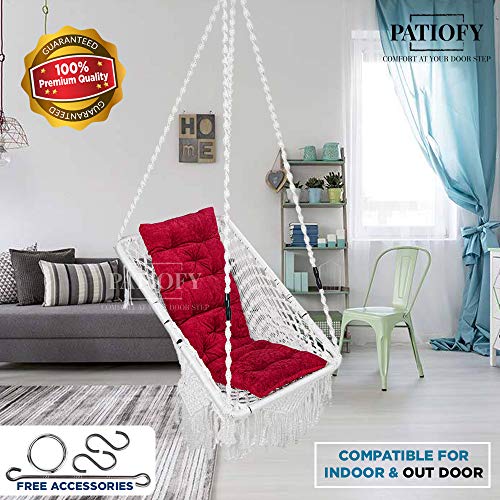 Patiofy Made in India Premium Square Shape Hammock-Hanging Cotton Chair Swing with Cushion and Accessories for Indoor and Outdoor/120 Kg Capacity/Swing Cushion/Chair Cushion for Kids and Adults(White) - Image 3