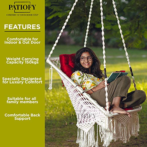 Patiofy Made in India Premium Square Shape Hammock-Hanging Cotton Chair Swing with Cushion and Accessories for Indoor and Outdoor/120 Kg Capacity/Swing Cushion/Chair Cushion for Kids and Adults(White) - Image 4