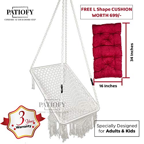Patiofy Made in India Premium Square Shape Hammock-Hanging Cotton Chair Swing with Cushion and Accessories for Indoor and Outdoor/120 Kg Capacity/Swing Cushion/Chair Cushion for Kids and Adults(White) - Image 5