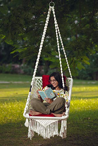 Patiofy Made in India Premium Square Shape Hammock-Hanging Cotton Chair Swing with Cushion and Accessories for Indoor and Outdoor/120 Kg Capacity/Swing Cushion/Chair Cushion for Kids and Adults(White) - Image 6