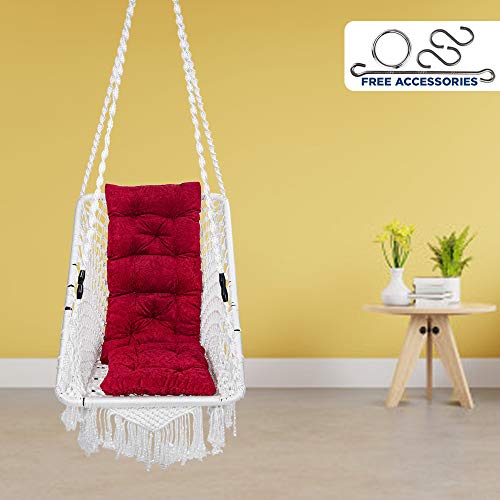 Patiofy Made in India Premium Square Shape Hammock-Hanging Cotton Chair Swing with Cushion and Accessories for Indoor and Outdoor/120 Kg Capacity/Swing Cushion/Chair Cushion for Kids and Adults(White) - Image 7