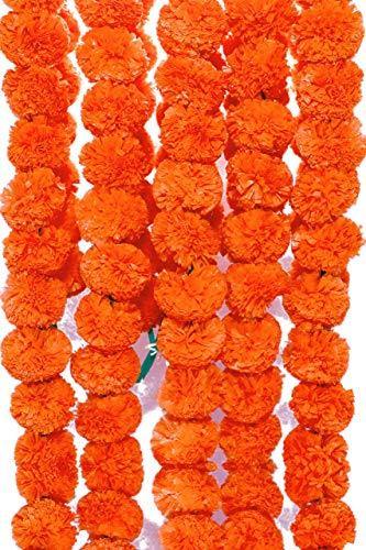 Phool Mala Artificial Flowers Marigold Garlands for Decoration - Pack of 5 (Orange)