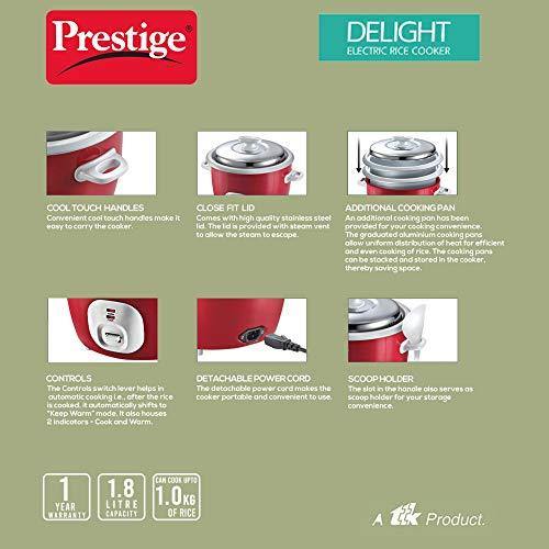 Prestige Delight Electric Rice Cooker Cute 1.8-2 (700 watts) with 2 Aluminium Cooking Pans - Image 5