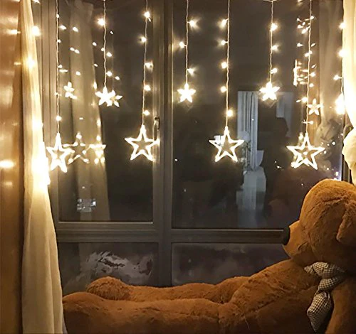 Quace 12 Stars 138 LED Curtain String Lights, Window Curtain Lights with 8 Flashing Modes Decoration for Christmas, Wedding, Party, Home, Patio Lawn, Warm White (138 LED - Star) - Warm White - Image 4