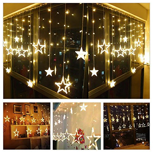 Quace 12 Stars 138 LED Curtain String Lights, Window Curtain Lights with 8 Flashing Modes Decoration for Christmas, Wedding, Party, Home, Patio Lawn, Warm White (138 LED - Star) - Warm White - Image 5