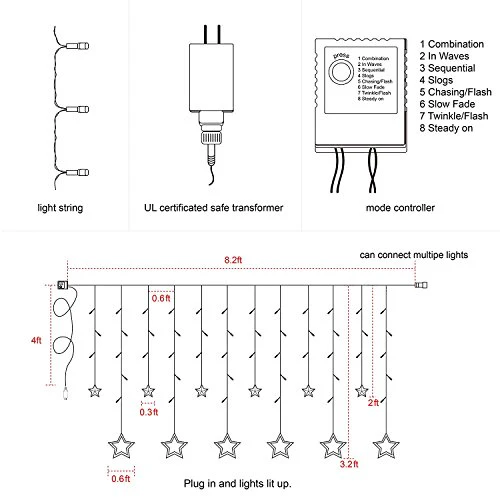 Quace 12 Stars 138 LED Curtain String Lights, Window Curtain Lights with 8 Flashing Modes Decoration for Christmas, Wedding, Party, Home, Patio Lawn, Warm White (138 LED - Star) - Warm White - Image 6