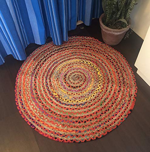Rangbhar Handmade Round Jute Rug, 90 cm, Round Chindi Rug for Living/Dining Room, Multi Colour…