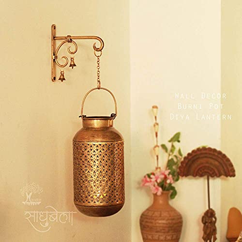 SADHUBELA Iron Brass Lantern (burni lantern: 15 x 32 cm, hanger: 18 x 2 x18 cm, brass chain: 10 cm, brass bells: 2.5 x 4 cm, brass diya: 5.5 x 4.5 cm, Antique Golden) - Image 2