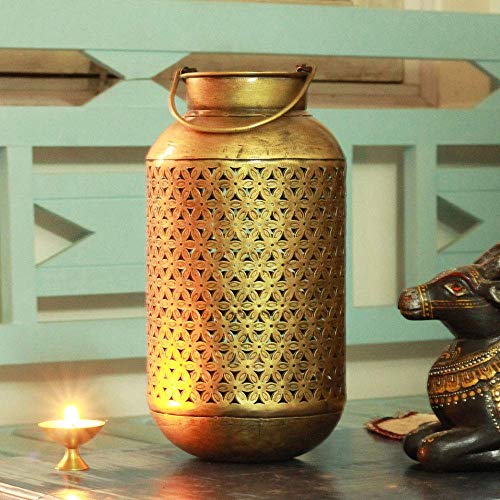 SADHUBELA Iron Brass Lantern (burni lantern: 15 x 32 cm, hanger: 18 x 2 x18 cm, brass chain: 10 cm, brass bells: 2.5 x 4 cm, brass diya: 5.5 x 4.5 cm, Antique Golden) - Image 3
