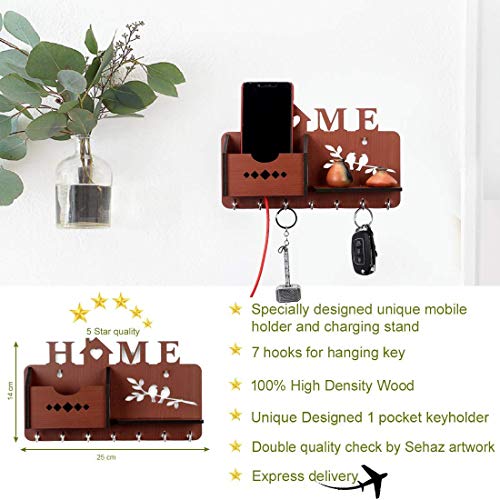 Sehaz Artworks Home Side Shelf Brown KeyHolder Wooden Key Holder (7 Hooks) - Image 3