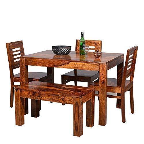 Wooden Solid Sheesham Wood Dining Table 4 Seater with 3 Chairs & 1 Bench - Image 5