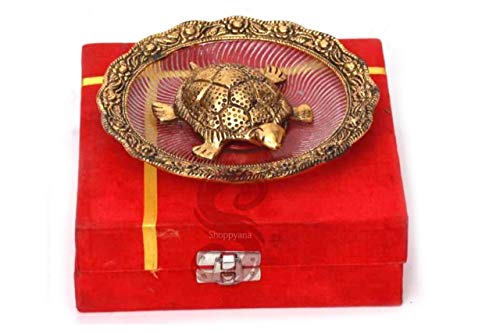 Shoppyana Metal Tortoise with Glass Plate,Tortoise for Good Luck Showpiece Gift Combo - Metal Feng Shui Tortoise Glass Plate,House Warming Gift,Feng Shui Tortoise for Good Luck 14x14x3 cm Golden