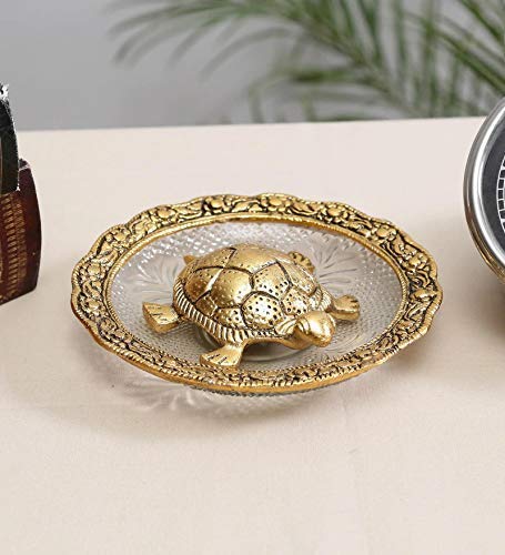 Shoppyana Metal Tortoise with Glass Plate,Tortoise for Good Luck Showpiece Gift Combo - Metal Feng Shui Tortoise Glass Plate,House Warming Gift,Feng Shui Tortoise for Good Luck 14x14x3 cm Golden - Image 3