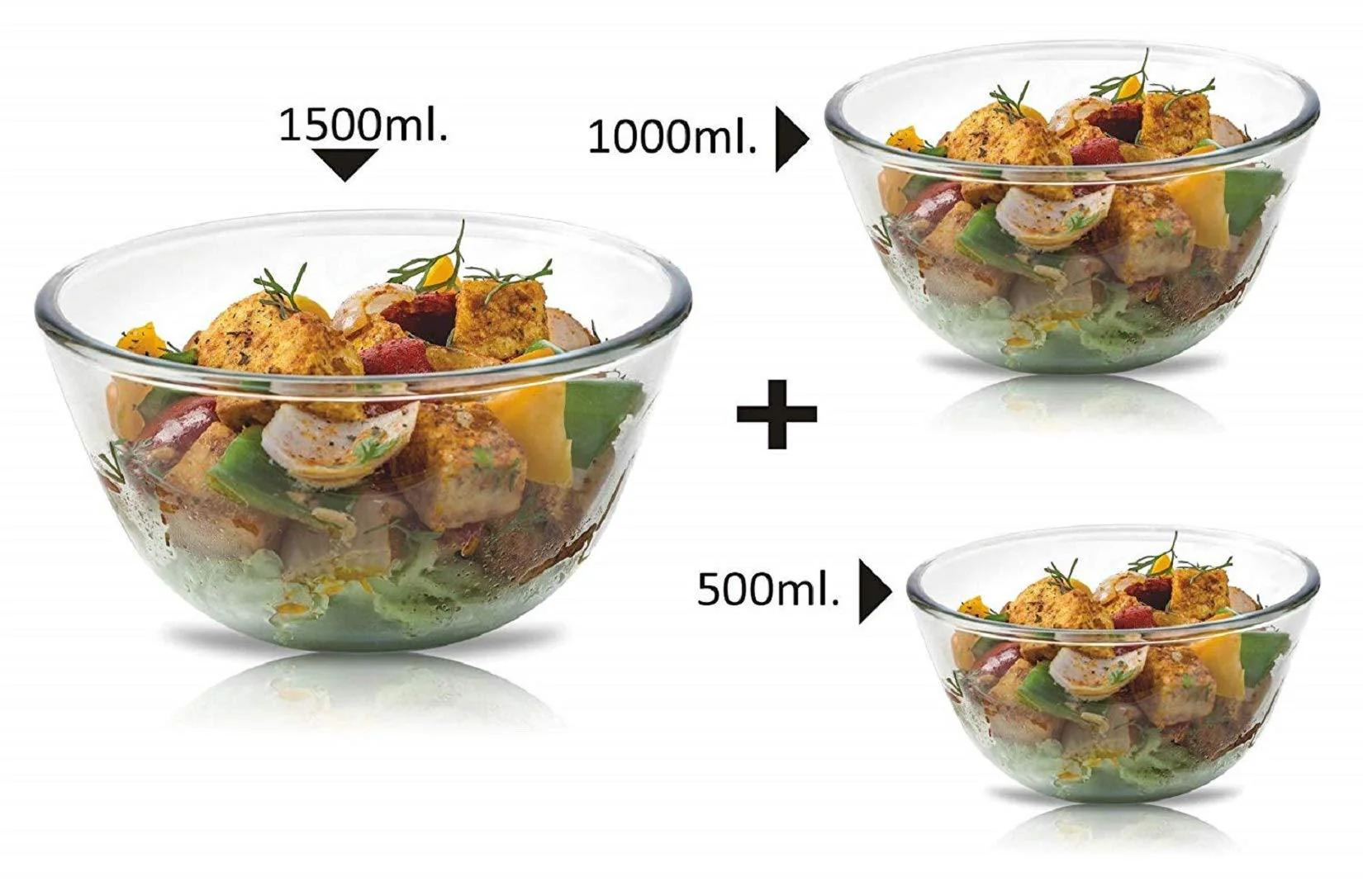 Signoraware Glass Bowl Set of 3, (500ml+1000ml+1500ml) Transparent
