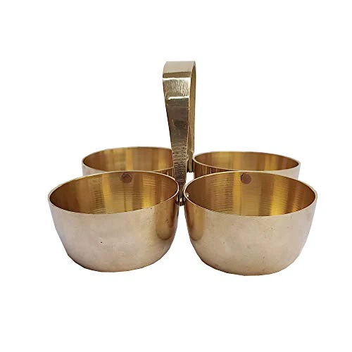 Small Brass Puja Roli Chawal, Elaichi, Mishri 4 Bowl Stand/Brass Chowmukh Haldi Kumkum Holder Chowmukh 4 Bowl Holder Patra
