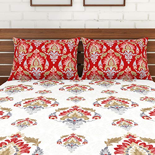 Spaces Atrium 144 TC 100% Cotton Queen Size Double Bedsheet with 2 Pillow Covers (Ornate, 88" X 100" Inches) - Poppy Red - Image 4