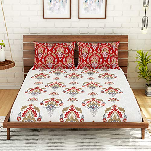 Spaces Atrium 144 TC 100% Cotton Queen Size Double Bedsheet with 2 Pillow Covers (Ornate, 88" X 100" Inches) - Poppy Red - Image 6