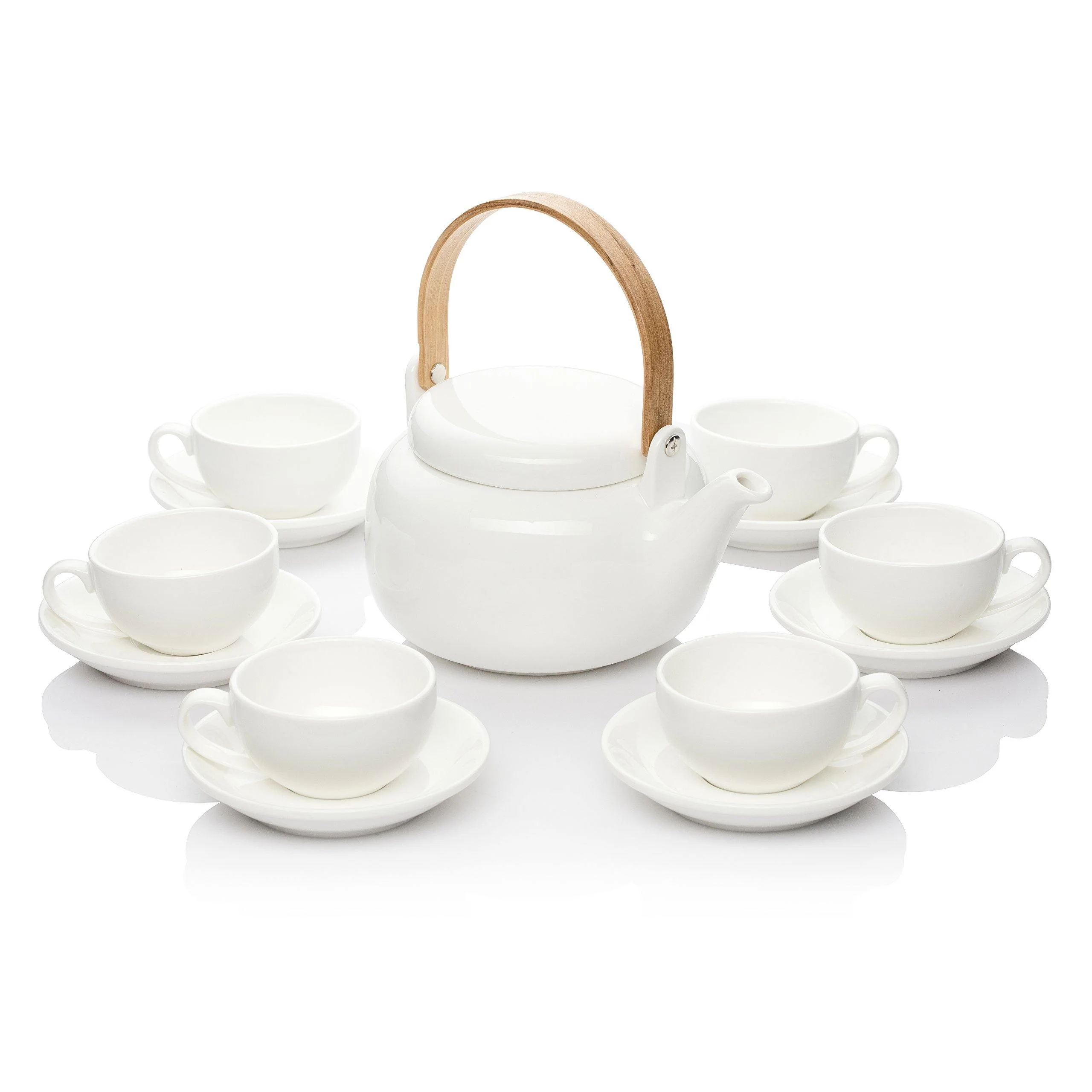 Te.Cha 1000ml Microwave Safe Teapot with Bamboo Handle (White_Set of 6)