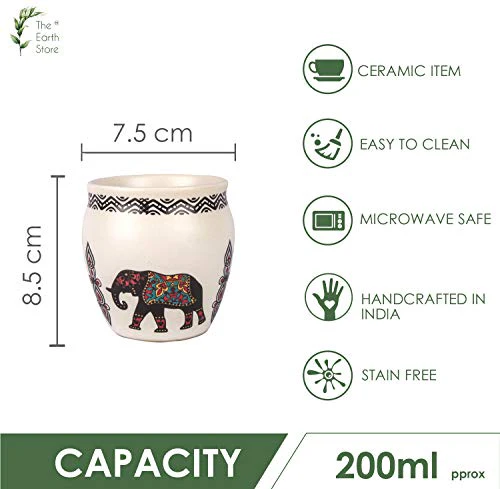 The Earth Store Re-useable Beautiful Elephant Ceramic Handmade Kullad/Cup Without Handle (White, 150 ml) Set of 6 - Image 5