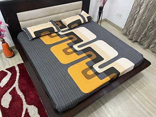 TIB Geometrical 100% Cotton King Size Elastic Fitted Bed Sheets with 2 Pillow Covers - Yellow-Blue