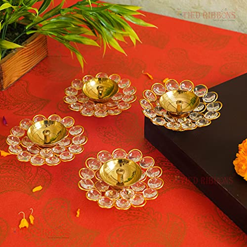 TIED RIBBONS Pack of 4 Brass Crystal Akhand Diya Brass Oil Puja Lamp - Diwali Diya - Diwali Decorations Items for Home and Diwali Gifts (Golden, 9 x 3.5 cm) - Image 3